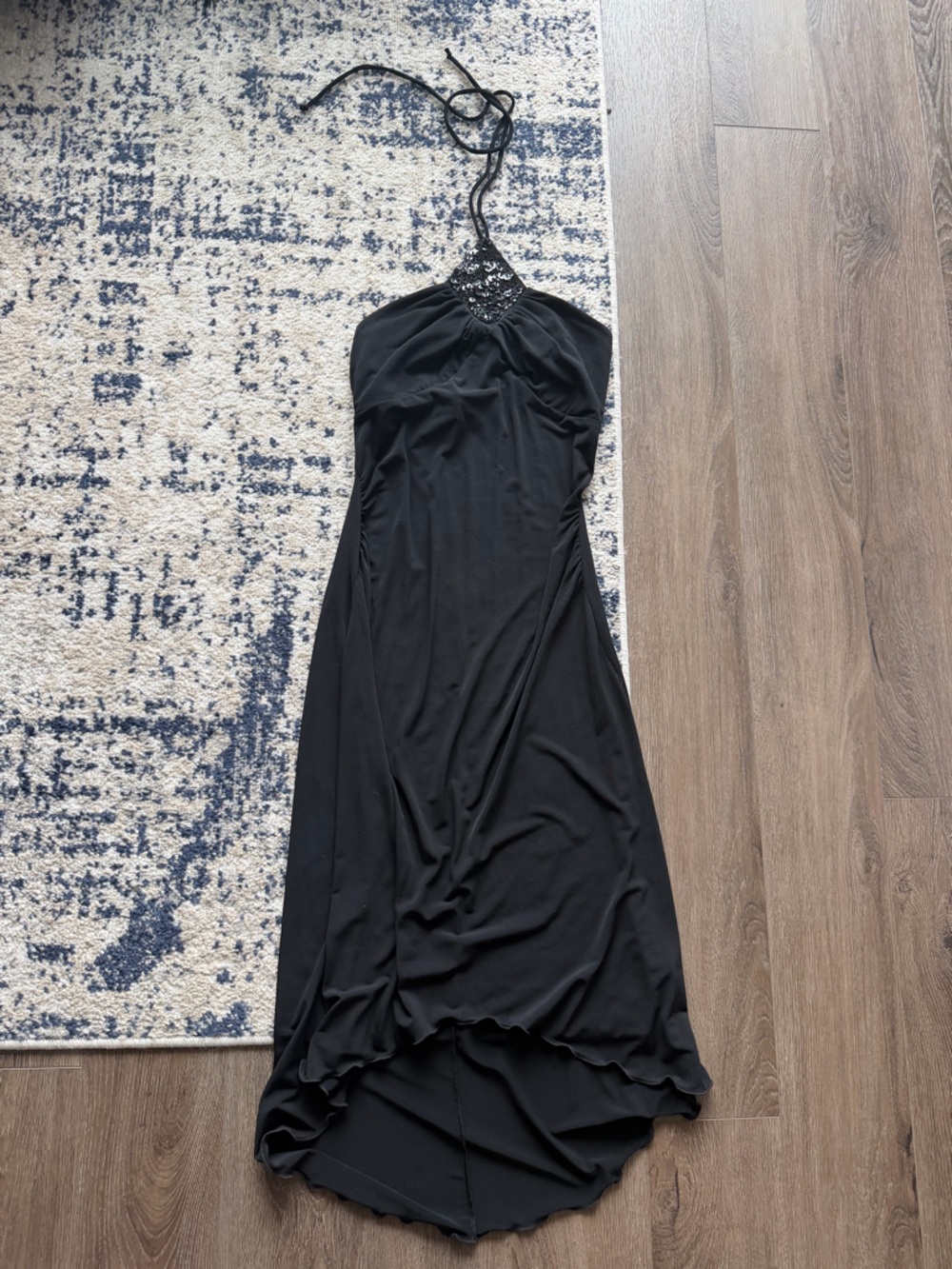 Historia Urbain Y2K Black Halter Maxi Dress with Embellished Neckline